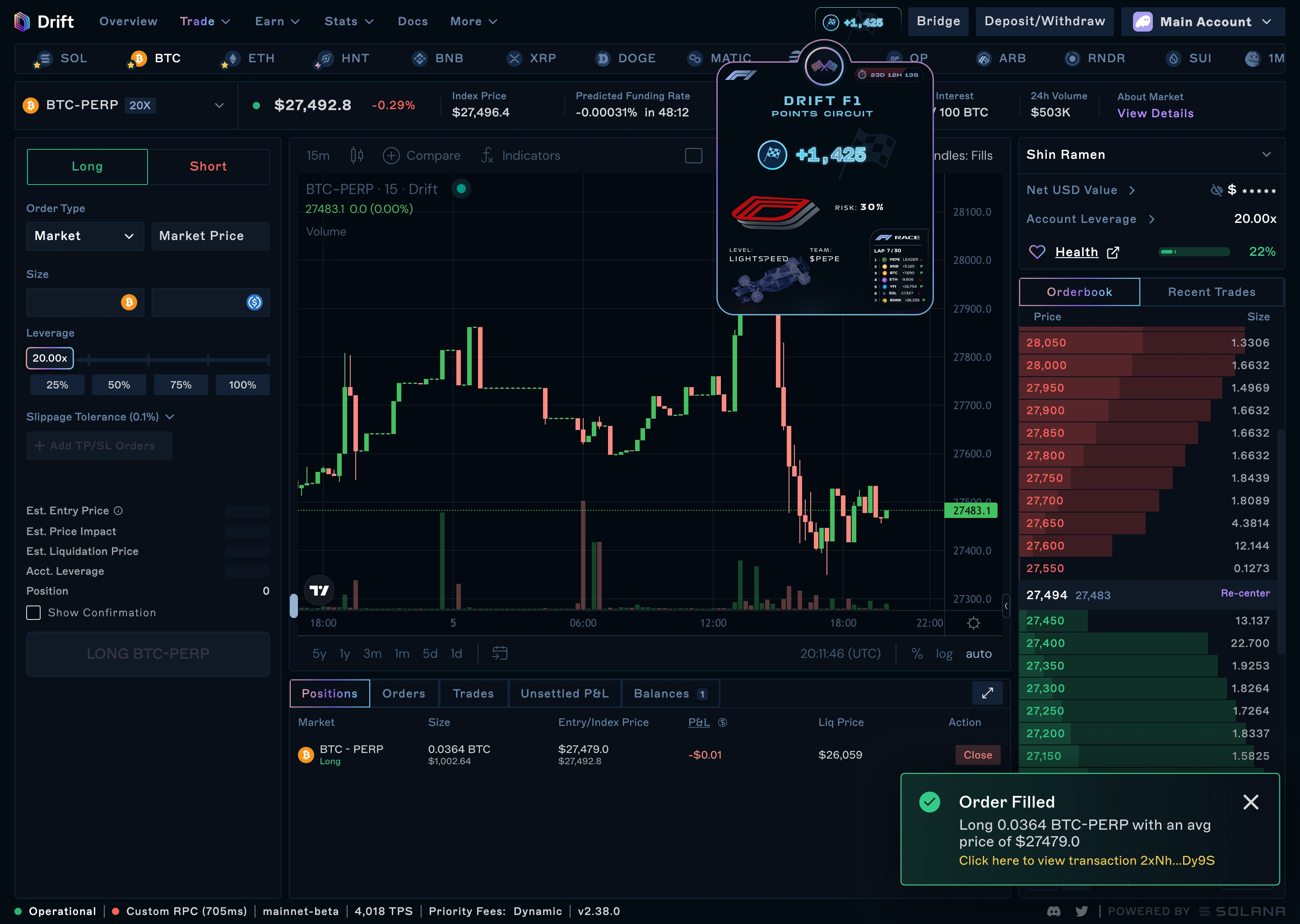 Drift trading interface with an expanded F1 points badge