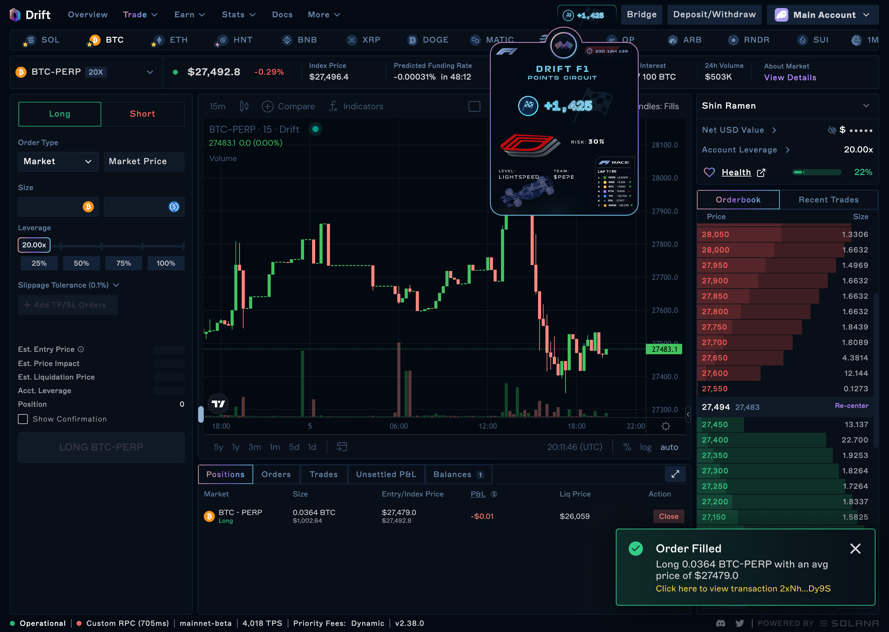 Drift trading interface with an expanded F1 points badge showing points, risk, level, team, and race position