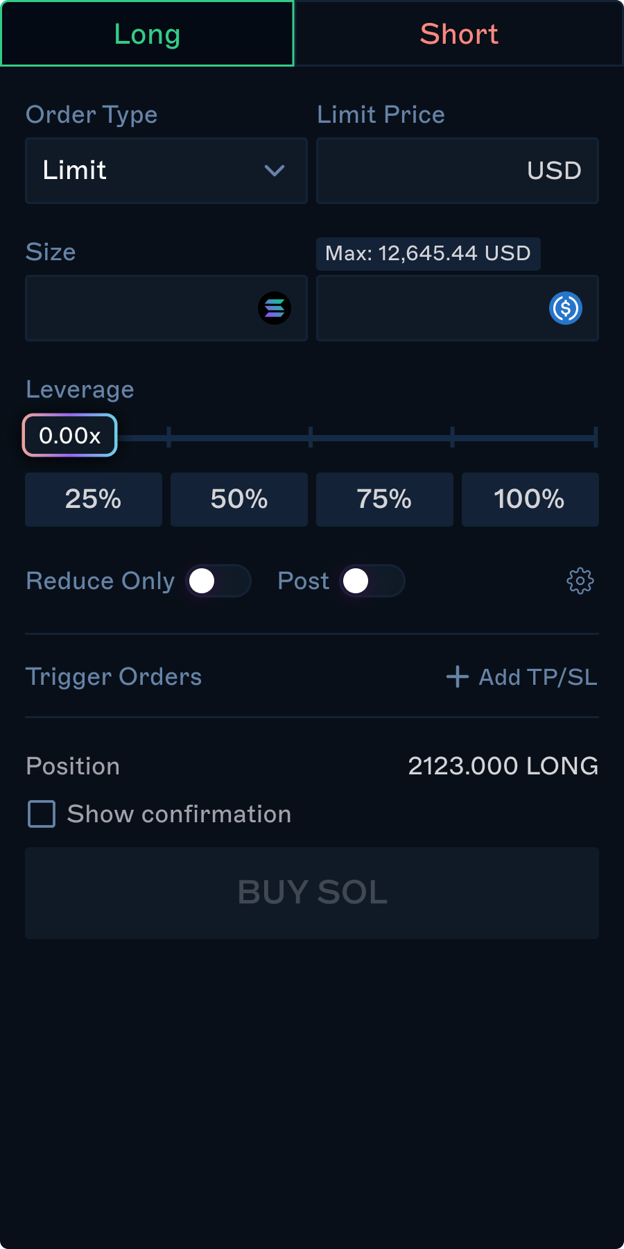 Existing Drift limit-order form showing long and short directions, limit price, size, leverage, and order options.