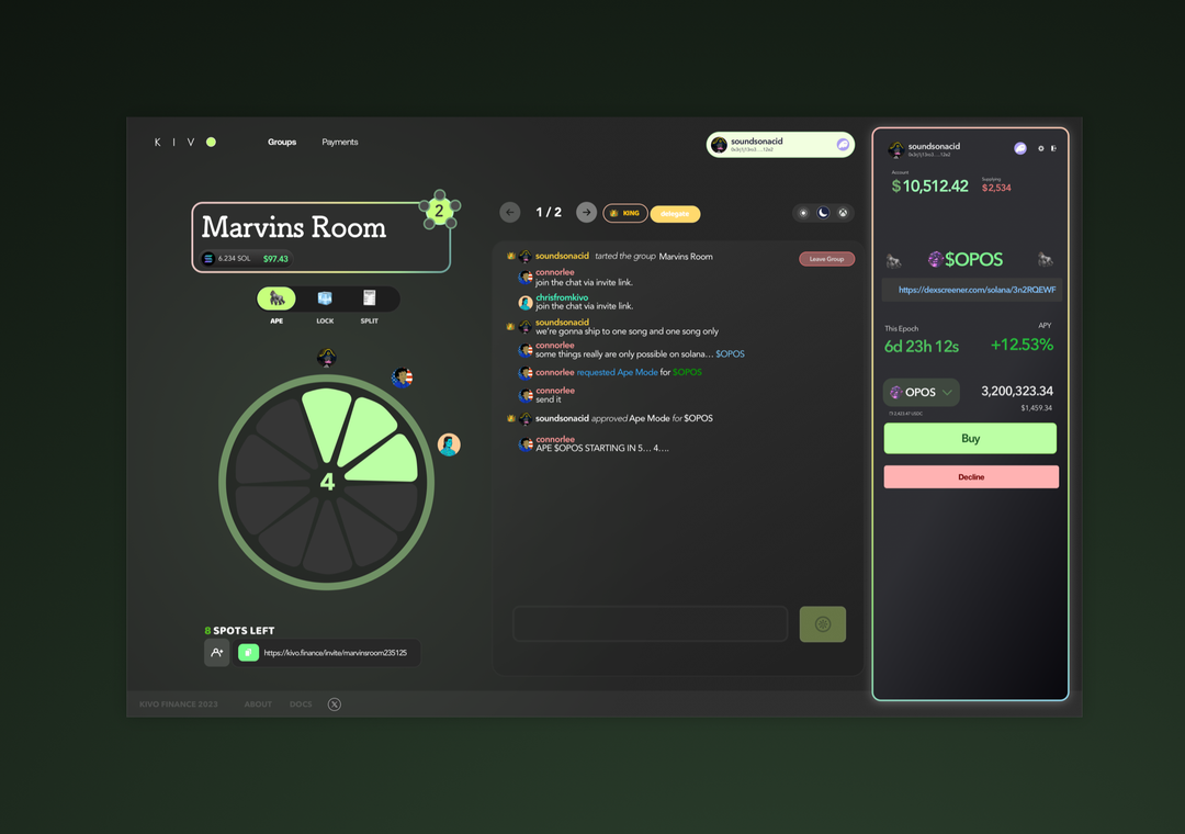 Kivo dark friend-group interface with conversation and an approval panel