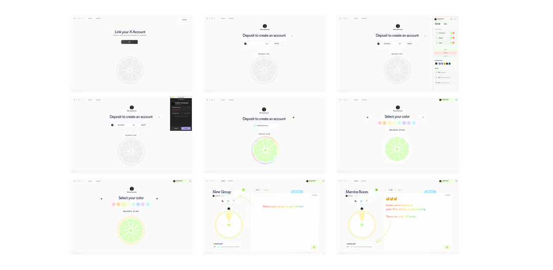 Kivo onboarding from account connection through deposit, color selection, and group creation