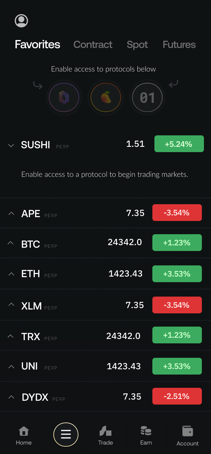 xNFT App markets screen showing favorites and protocol access