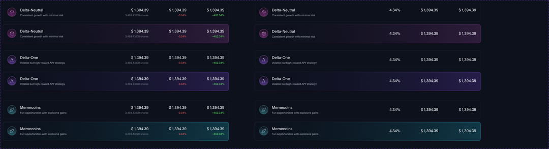 Gamma design-system portfolio cards with default and hover variants, strategy colors, and position states