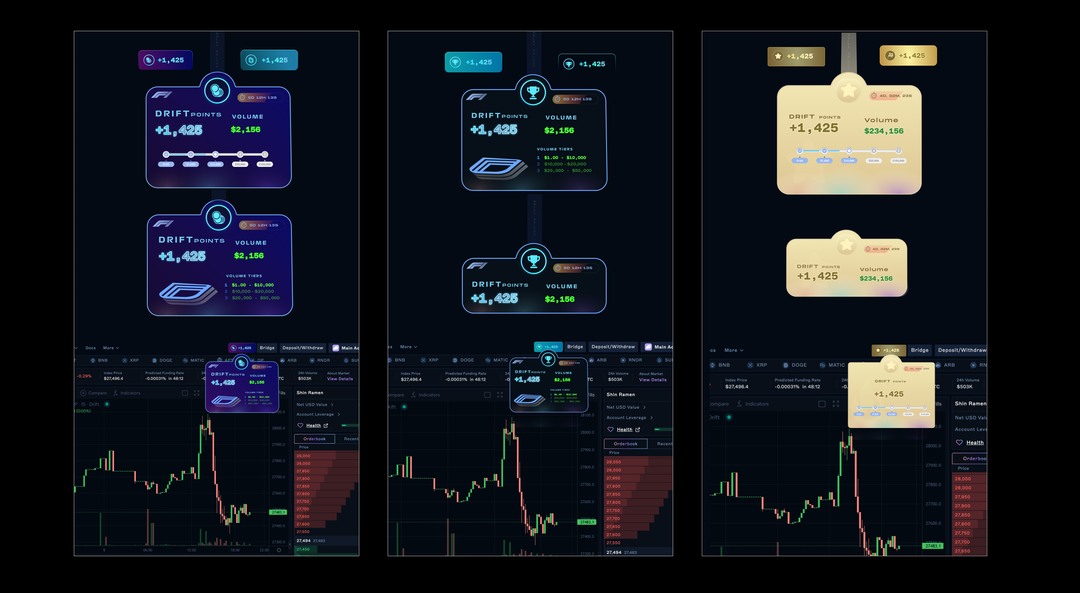 Three Drift points badge directions shown inside the trading interface