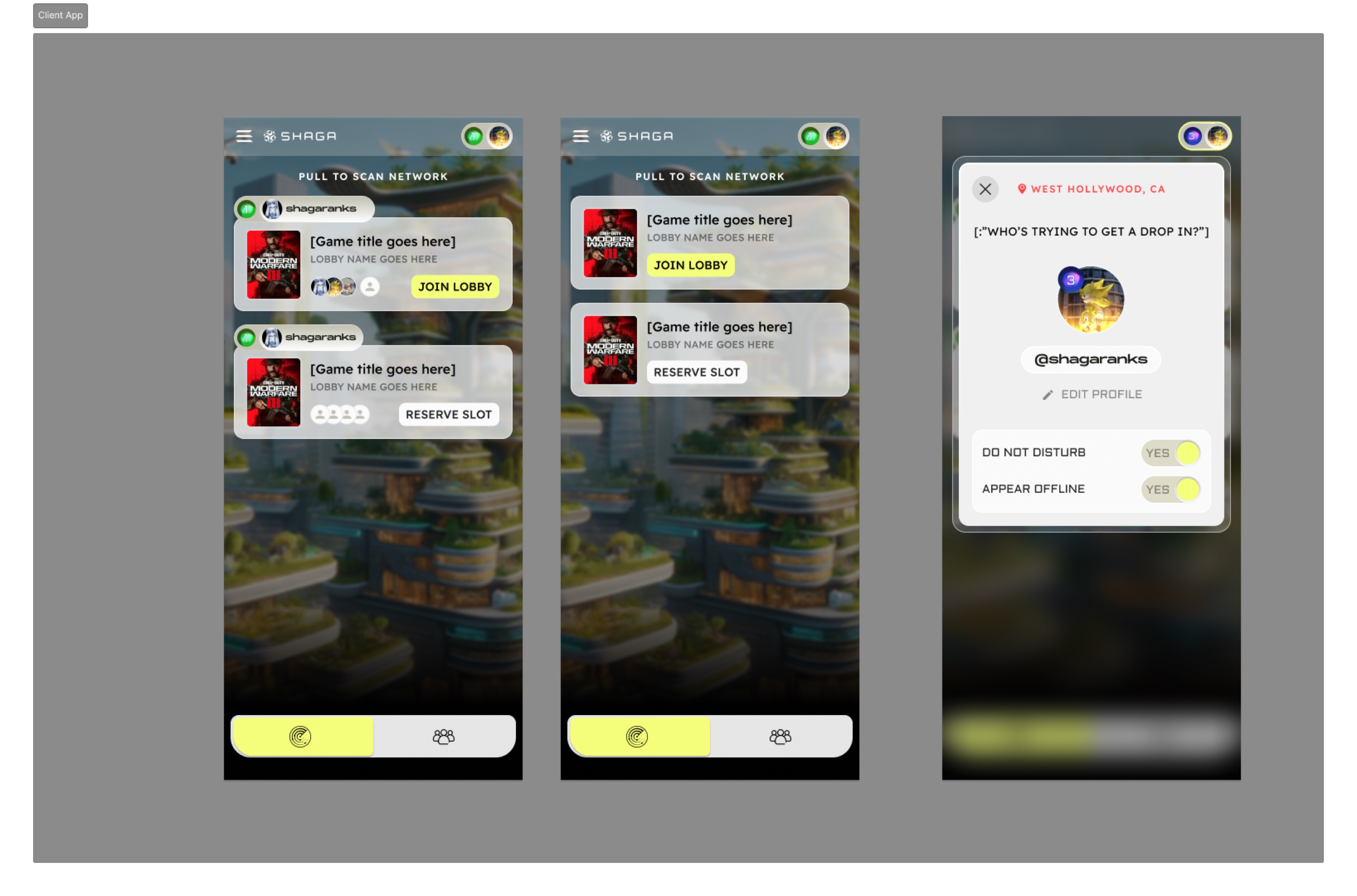 Shaga mobile lobby, reservation, and profile designs